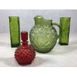Small collection of glassware to include two vases, a jug and a scent bottle