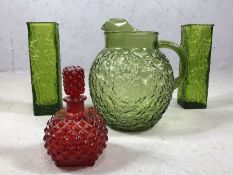 Small collection of glassware to include two vases, a jug and a scent bottle