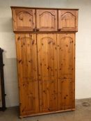 Pine triple door wardrobe with storage box above, approx 134cm x 53cm x 225cm tall