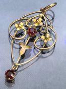 Antique 9ct Gold floral pendant set with red gemstones approx 40mm x 25mm