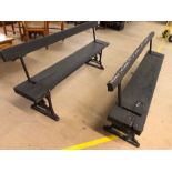 Pair of vintage tram / railway benches, cast iron with wooden seat and back rest, each approx