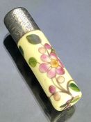 Hand painted Ceramic and silver coloured hinged lid scent bottle complete with glass stopper.