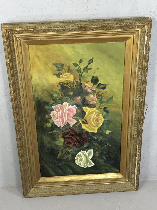 Unsigned oil on canvas of roses in a gilt frame, approx 44cm x 76cm - Image 3 of 3