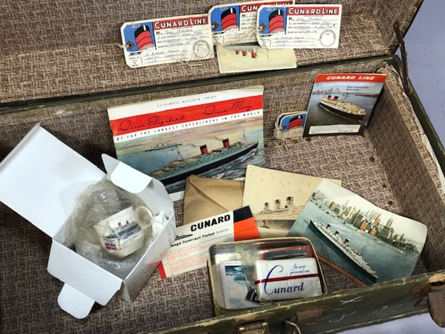 Vintage metal bound travel trunk with Cunard Line stickers for the Queen Mary, accompanied by - Image 5 of 5