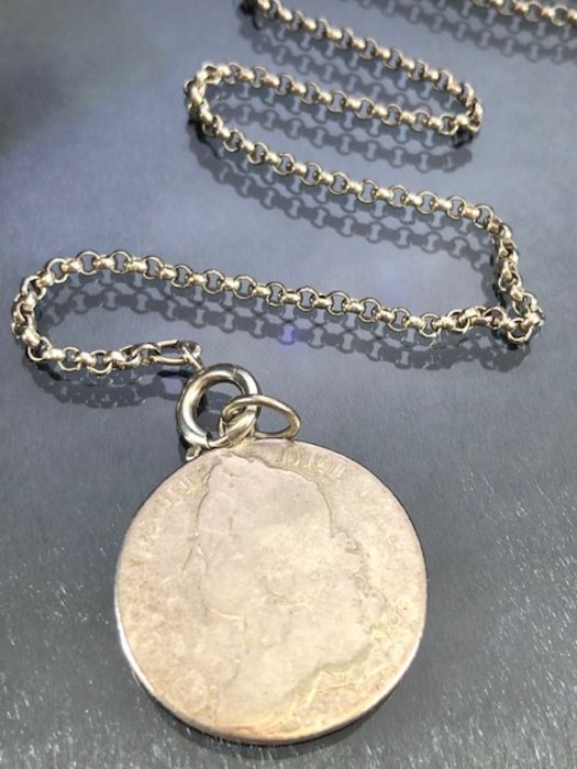 A British King George II 1745 silver half crown coin made into a pendant on a sterling silver chain - Image 3 of 4