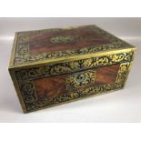 Brass bound writing box opening to reveal green leather writing slope and letter holder, with