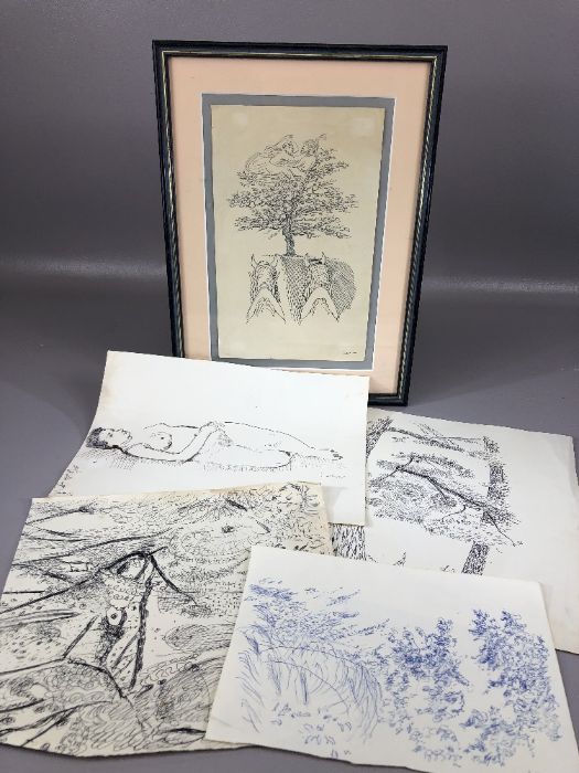 Collection of ink sketches, including one figure, unframed, along with one framed ink drawing of a