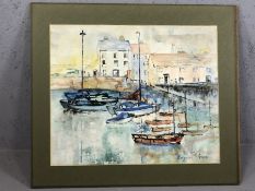 MARGARET GENGE (British, 20th Century), watercolour of boats in a harbour, signed lower right,