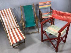 Collection of vintage garden seating to include two deck chairs, one with foot rest and two