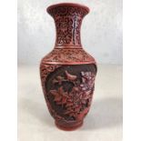 Chinese red cinnabar lacquered vase with gilt interior, in presentation box marked 'National