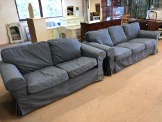Three seater and two seater matching sofas, the largest approx 210cm wide in matching blue/grey