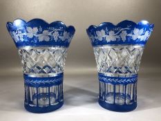 Pair of Bohemian Blue and clear cut Glass vases each approx 18cm tall