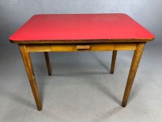 Mid Century red-topped kitchen table with single drawer, approx 100cm x 70cm