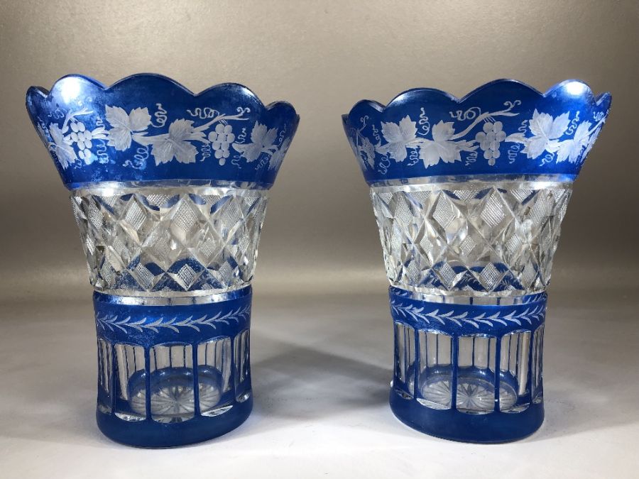 Pair of Bohemian Blue and clear cut Glass vases each approx 18cm tall - Image 5 of 8