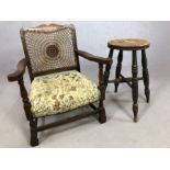 Child's chair with latticework back and stool on turned legs