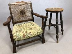 Child's chair with latticework back and stool on turned legs
