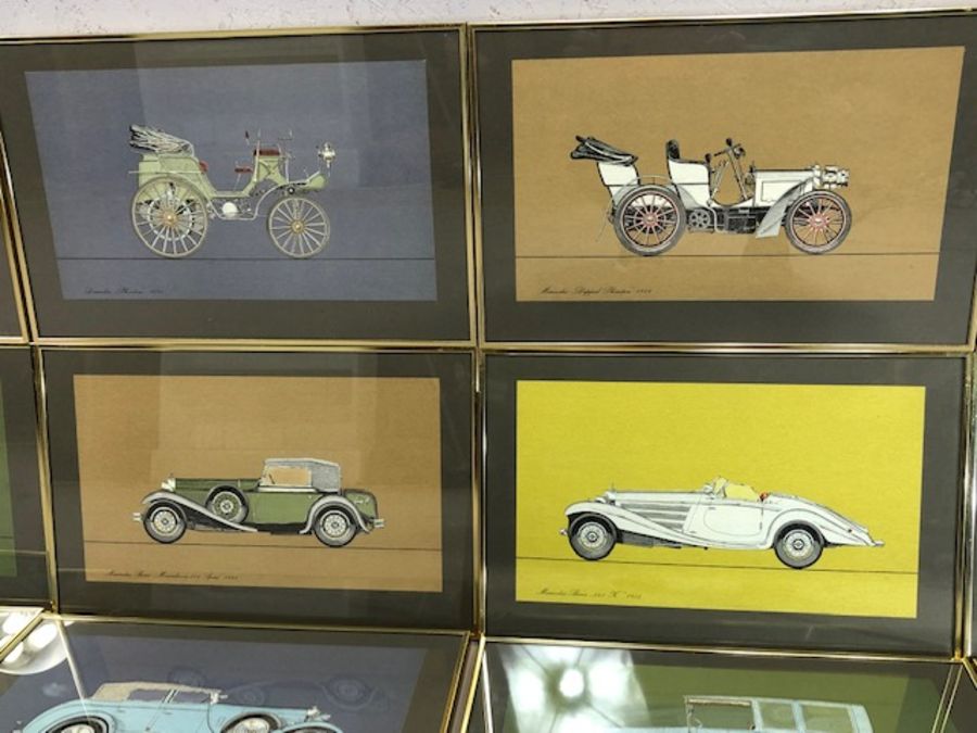 Set of twelve framed and glazed coloured vintage Mercedes-Benz prints, models from 1894 - 1938, each - Image 4 of 6