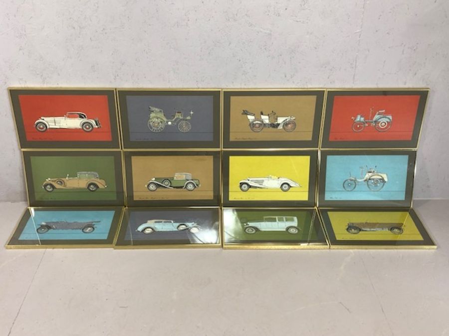 Set of twelve framed and glazed coloured vintage Mercedes-Benz prints, models from 1894 - 1938, each