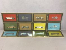 Set of twelve framed and glazed coloured vintage Mercedes-Benz prints, models from 1894 - 1938, each