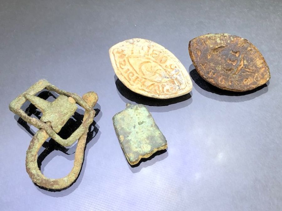 Artefact group to include Medieval copper alloy 'locking buckle' dating to c. AD 1350-1450 approx