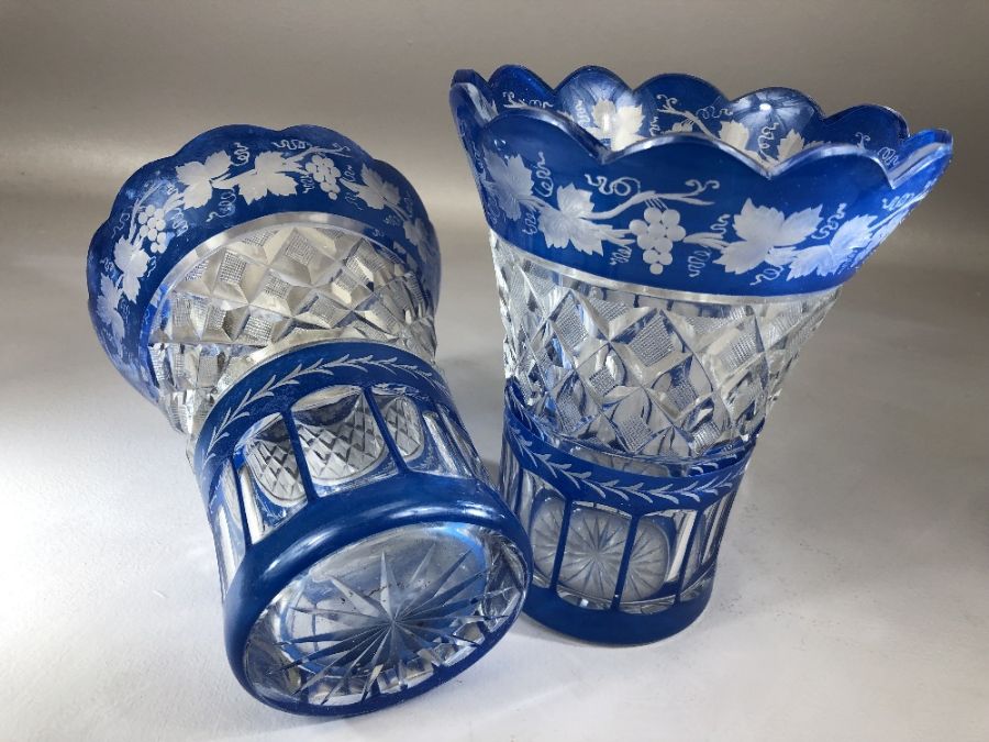 Pair of Bohemian Blue and clear cut Glass vases each approx 18cm tall - Image 4 of 8