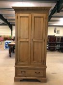 Pine two door wardrobe with cupboard under, approx 101cm x 66cm x 203cm tall