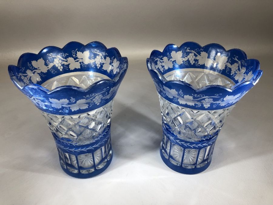Pair of Bohemian Blue and clear cut Glass vases each approx 18cm tall - Image 2 of 8