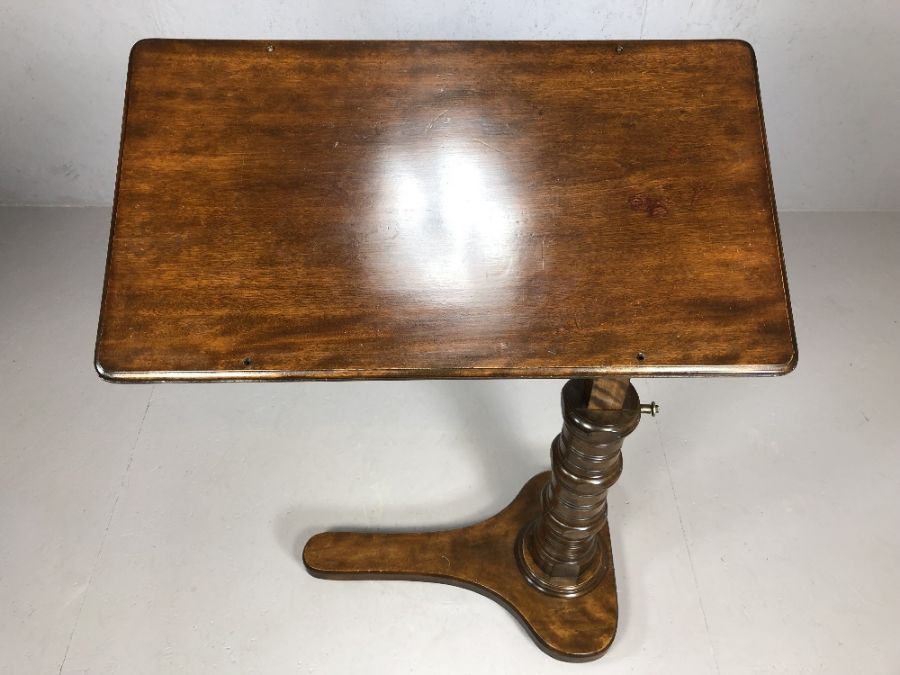 Antique mahogany reading table with adjustable height and tilt mechanism on turned stand with makers - Image 3 of 8