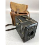 Camera: A Zeiss Ikon Box camera Tengor German made Goerz Frontar D.R.P in original canvas case