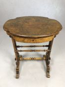 Antique oval occasional table with multiple turned stretchers, single drawer with compartments and