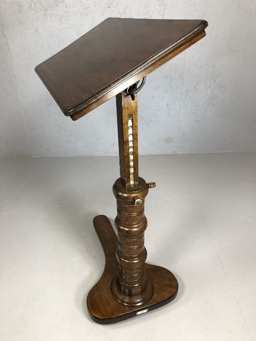 Antique mahogany reading table with adjustable height and tilt mechanism on turned stand with makers - Image 4 of 8