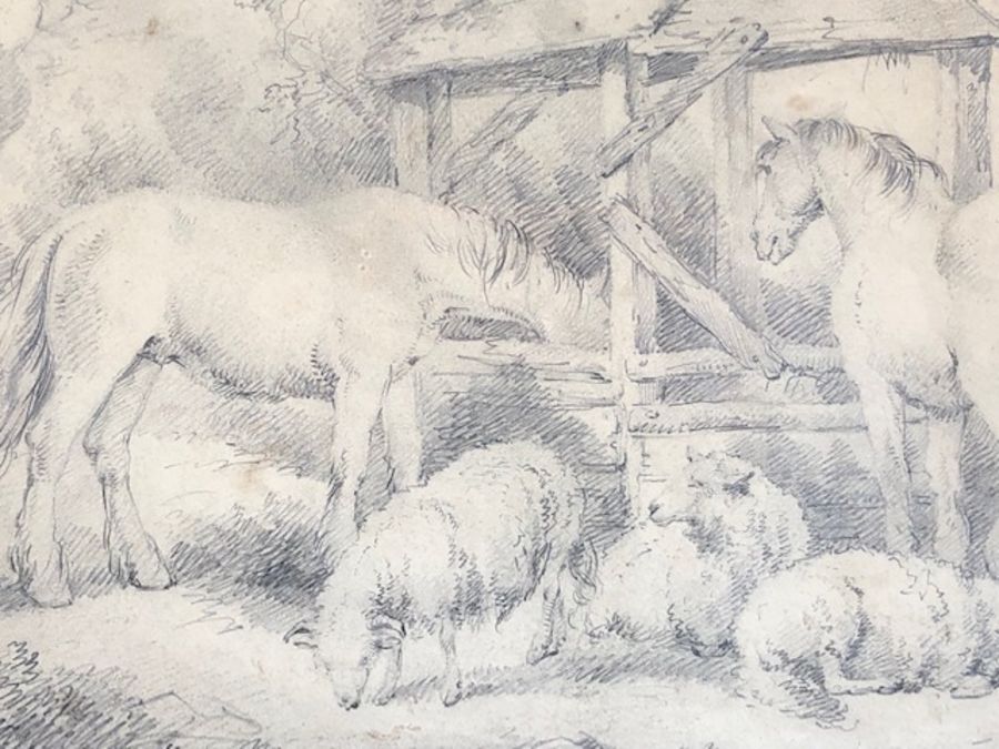 GEORGE MORLAND (English,1763-1804) Study of horses and sheep at a well, pencil drawing, signed and - Image 4 of 5