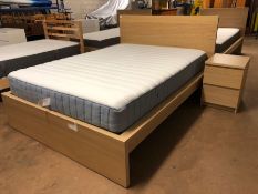 IKEA double light wood bed frame and mattress with matching two drawer bedside cabinet