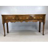 Antique Georgian sideboard with three drawers, brass handles and locks, approx 182cm x 48cm x 92cm