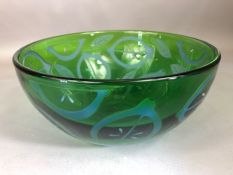 RUTH DRESMAN (b.1961), hand engraved bowl, the green glass body etched with lemon design,