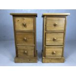 Pair of three drawer pine bedside cabinets, approx 32cm x 28cm x 66cm tall