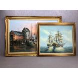 Two original oils on canvas: S CARTER, ships at war, approx 60cm x 50cm and MAX SAVY, a fishing