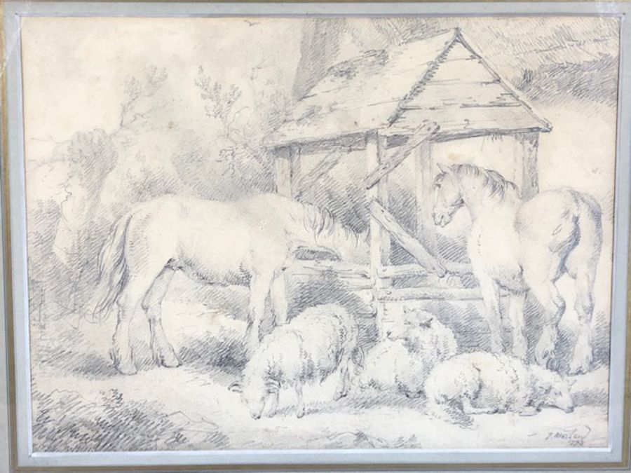 GEORGE MORLAND (English,1763-1804) Study of horses and sheep at a well, pencil drawing, signed and - Image 2 of 5