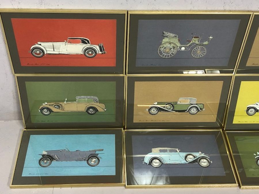 Set of twelve framed and glazed coloured vintage Mercedes-Benz prints, models from 1894 - 1938, each - Image 2 of 6