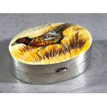 Silver fully hallmarked Oval pill box with hand painted ceramic lid depicting a Pheasant