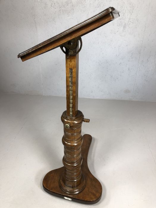 Antique mahogany reading table with adjustable height and tilt mechanism on turned stand with makers - Image 8 of 8