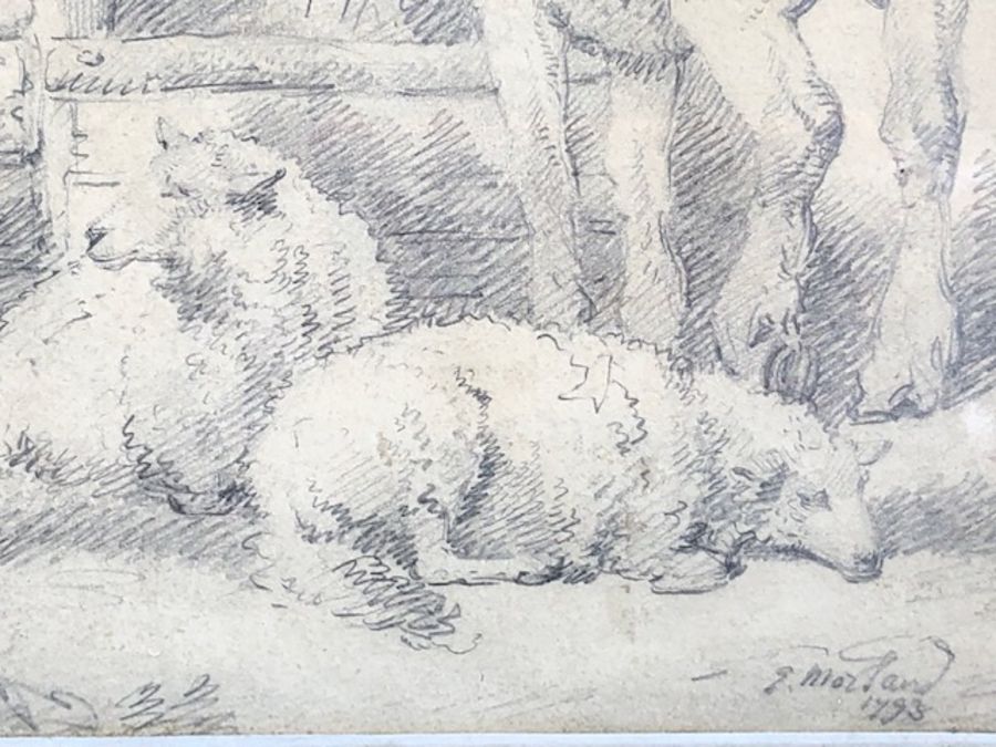 GEORGE MORLAND (English,1763-1804) Study of horses and sheep at a well, pencil drawing, signed and - Image 3 of 5