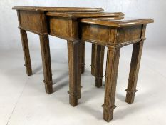 Modern nest of three tables on square legs with walnut detailing
