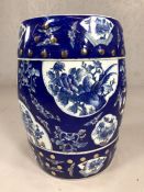 Chinese blue and white ceramic garden stool with gold detailing and panels depicting birds and