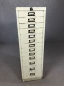 Retro metal white painted filing cabinet with 13 drawers, chrome handles, lock and original key