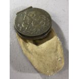 Swede coin purse with a large coin or medallion hinged to make the lid. The coin /medallion