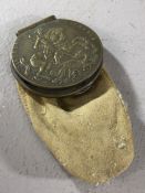 Swede coin purse with a large coin or medallion hinged to make the lid. The coin /medallion