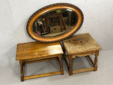 Two oak occasional tables and a wooden framed bevel edged mirror (3)