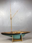 Large wooden sailing pond yacht on stand, approx 140cm x 174cm (A/F)