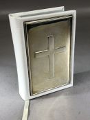 SIlver hallmarked fronted Bible with white leather covers and raised silver cross approx 8.5 x